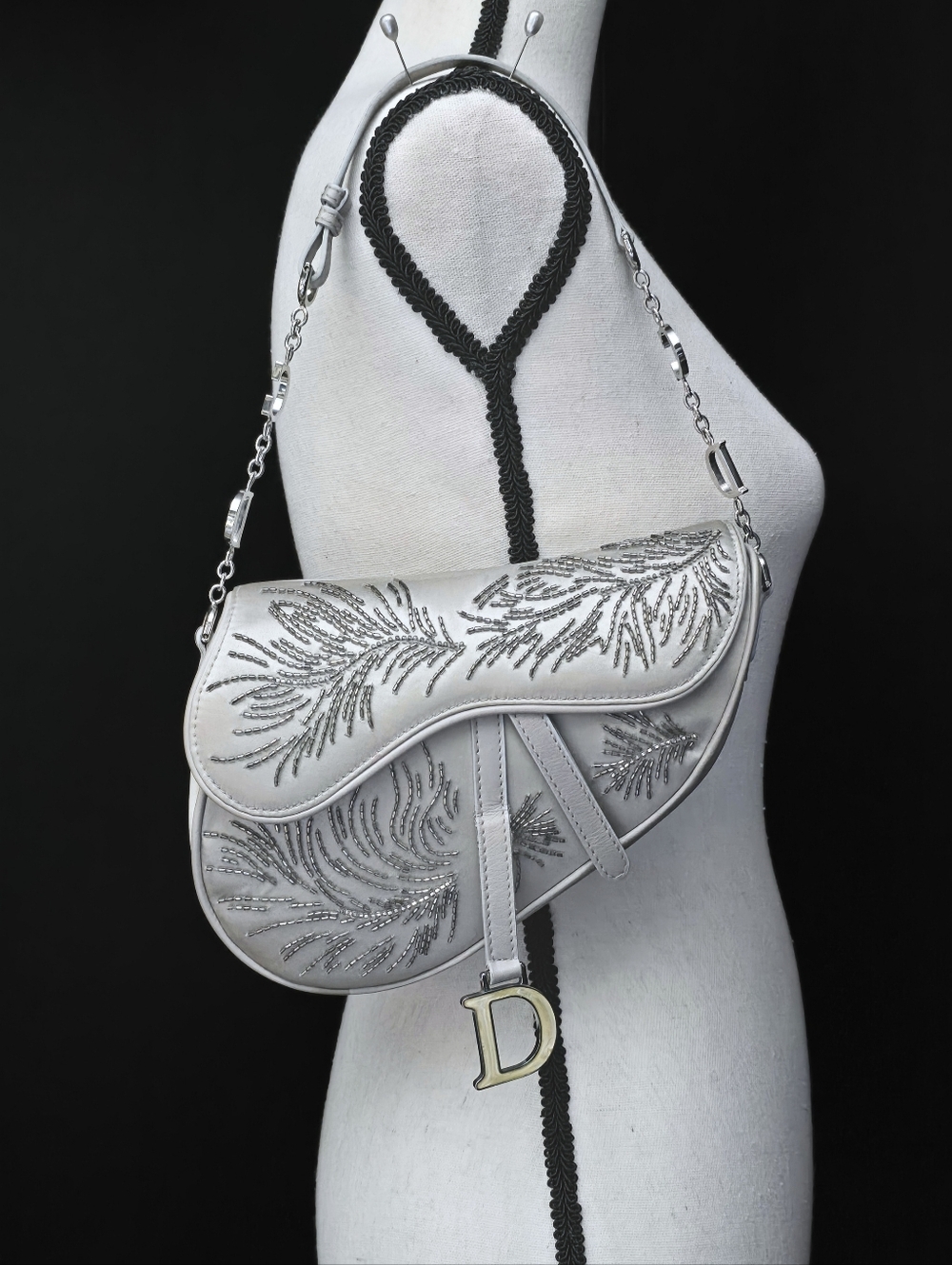 Dior Saddle Bag Vintage Limited Edition Beaded Peacock Feather Mother of Pearl - Picture 17 of 17